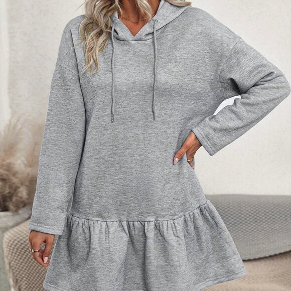 Dresses & Skirts - Grey Casual Women's Drop Shoulder Ruffle Hem Drawstring Hooded Dress